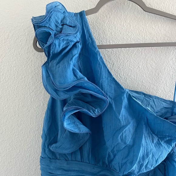 NWT HELLO MOLLY | Frill Detail Find Out One Shoulder Midi Dress Blue | Size XL - Picture 5 of 16